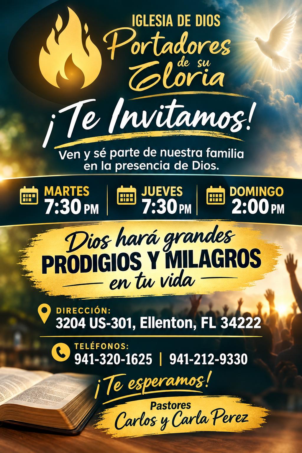 Afiche de invitación: martes y jueves 7:30 PM, domingo 2:00 PM, en 3204 US-301, Ellenton, FL
