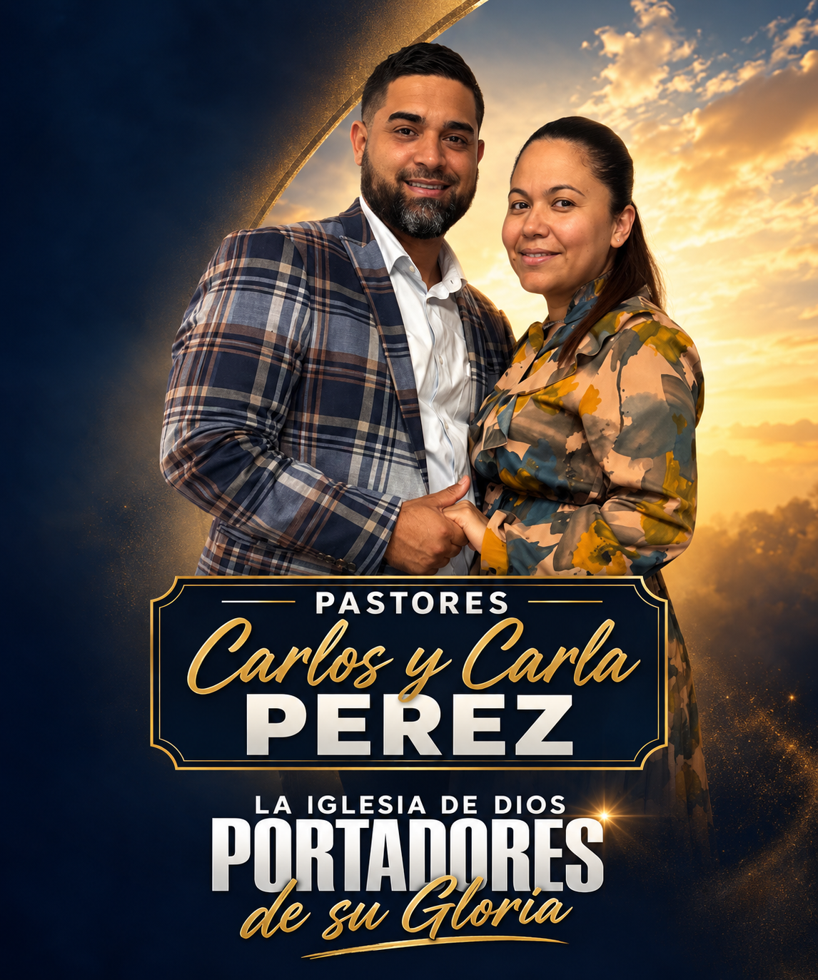 Invitación al servicio con los pastores Carlos y Carla Pérez